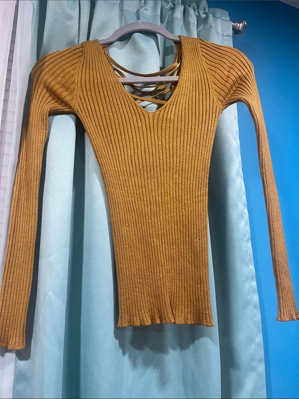 Ambiance Ribbed Mustard V-Neck Sweater with Crisscross Back